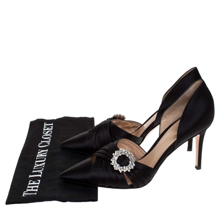 Pre Owned Gianvito Rossi Black Pleated Satin Crystal Embellished Pointed Toe Pumps Size 39.5