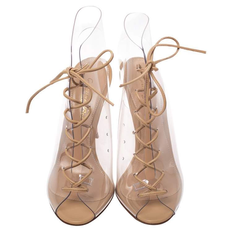 Pre Owned Gianvito Rossi Beige PVC And Leather Helmut Lace Up Boots Size 35.5