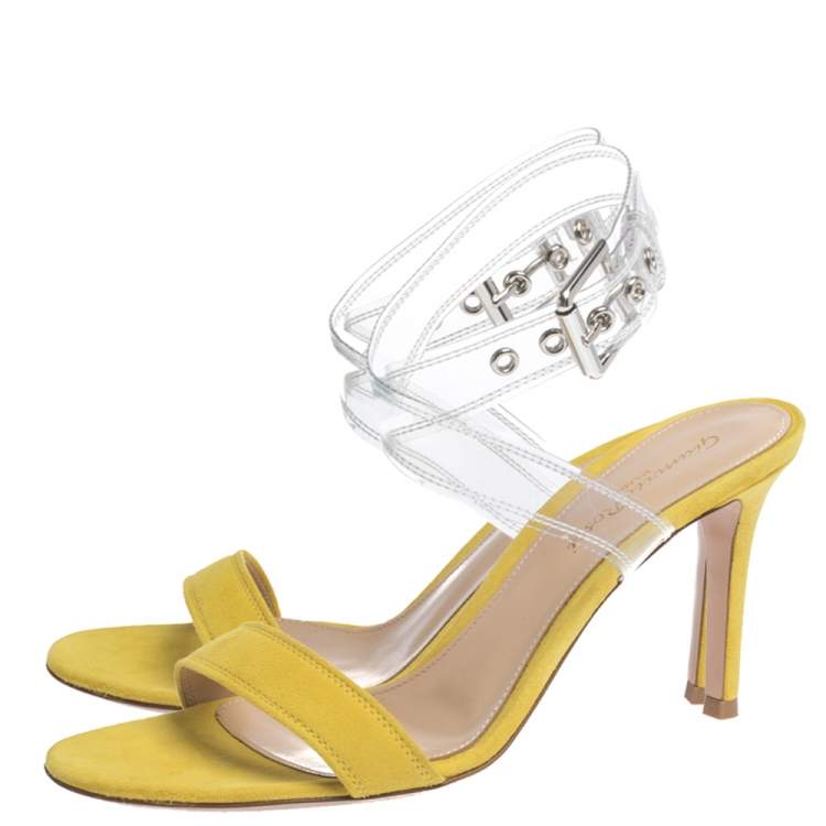 Pre Owned Gianvito Rossi Yellow Suede And PVC Ankle Strap Sandals Size 36.5 