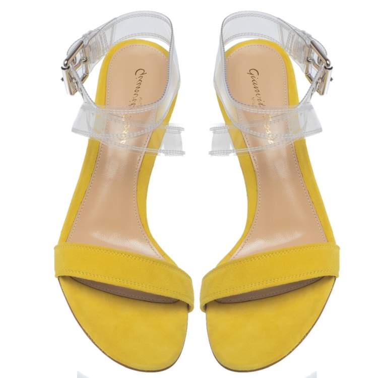 Pre Owned Gianvito Rossi Yellow Suede And PVC Ankle Strap Sandals Size 36.5 