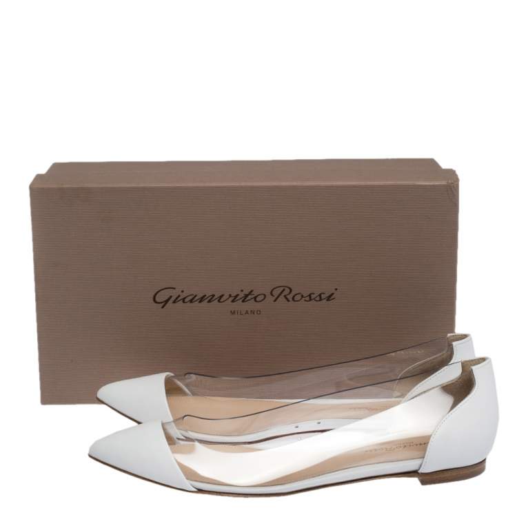 Pre Owned Gianvito Rossi White PVC and Leather Plexi Pointed Toe Ballet Flats Size 37.5