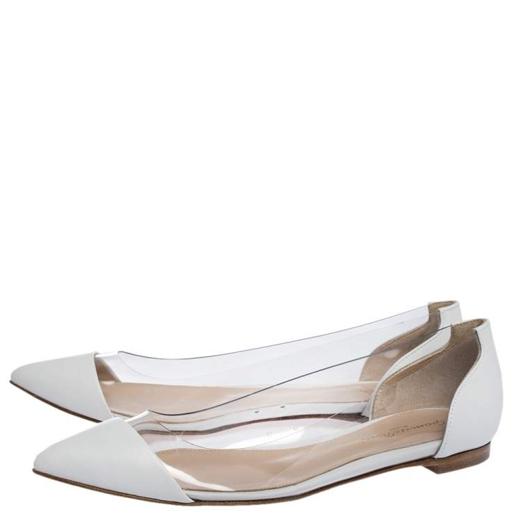 Pre Owned Gianvito Rossi White PVC and Leather Plexi Pointed Toe Ballet Flats Size 37.5