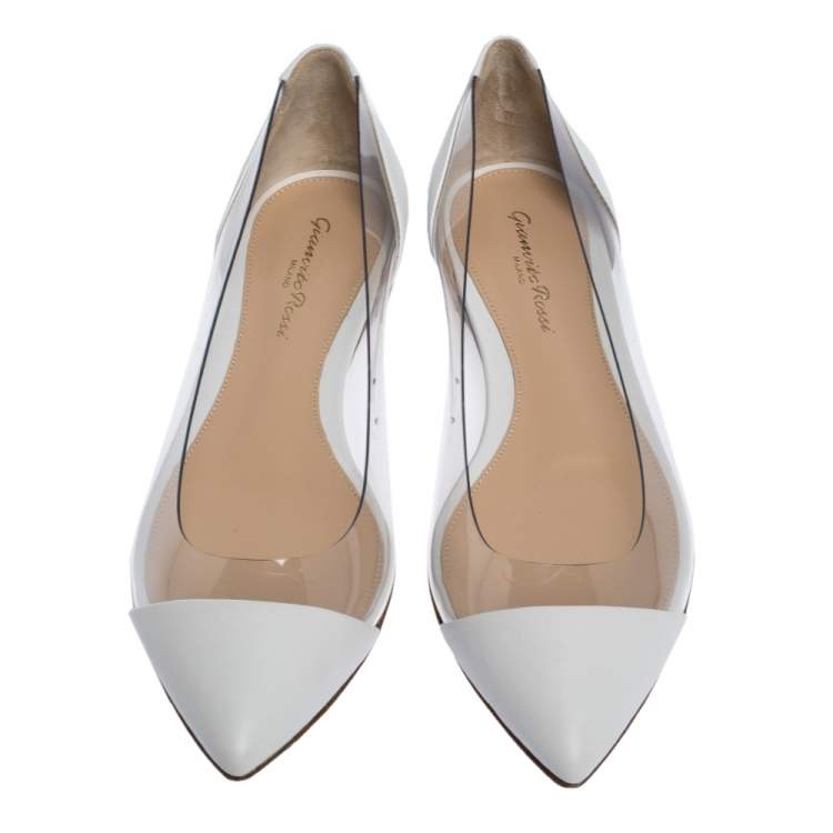 Pre Owned Gianvito Rossi White PVC and Leather Plexi Pointed Toe Ballet Flats Size 37.5