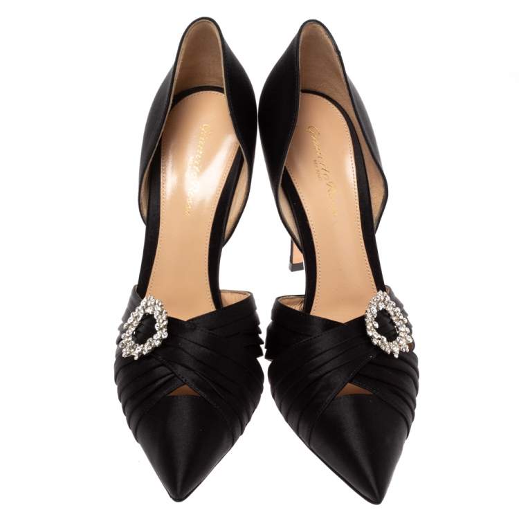 Pre Owned Gianvito Rossi Black Pleated Satin Crystal Embellished Pointed Toe Pumps Size 40