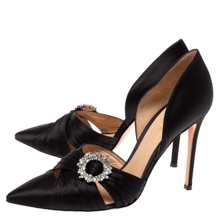 Pre Owned Gianvito Rossi Black Pleated Satin Crystal Embellished Pointed Toe Pumps Size 40