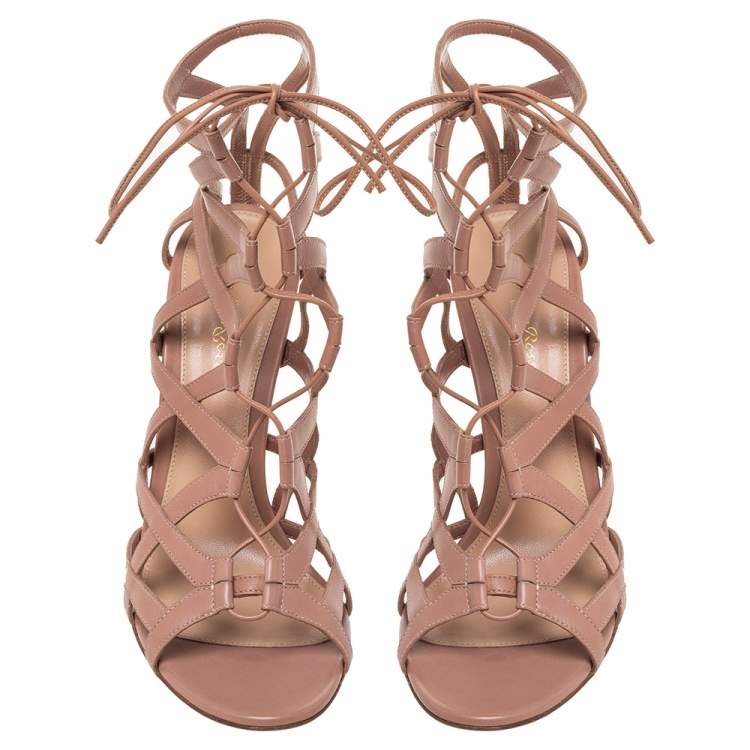 Pre Owned Gianvito Rossi Beige Leather Gladiator Lace Up Booties Size 41