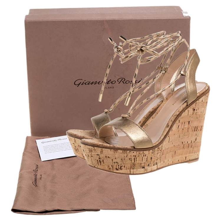 Pre Owned Gianvito Rossi Metallic Gold Leather Wedge Platform Ankle Wrap Sandals Size 40