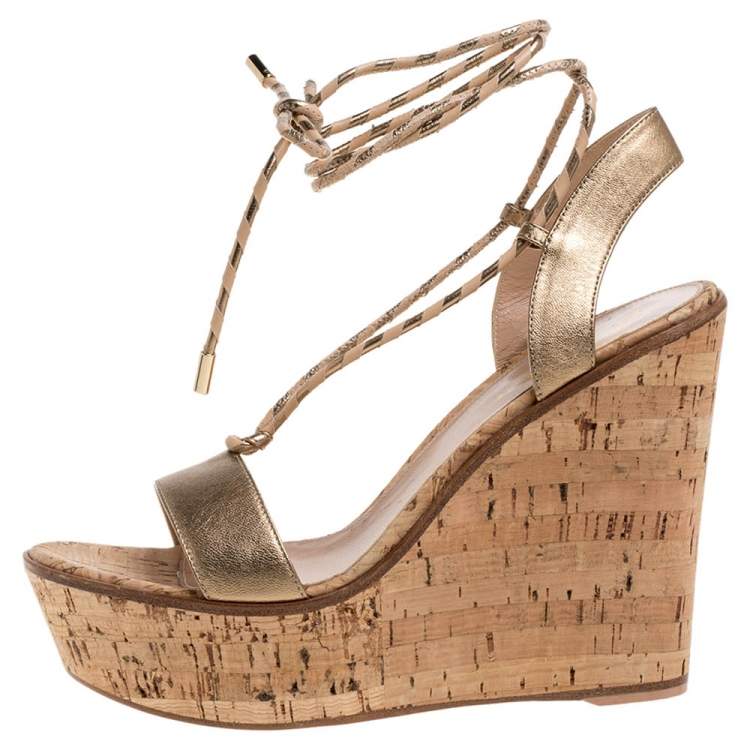 Pre Owned Gianvito Rossi Metallic Gold Leather Wedge Platform Ankle Wrap Sandals Size 40