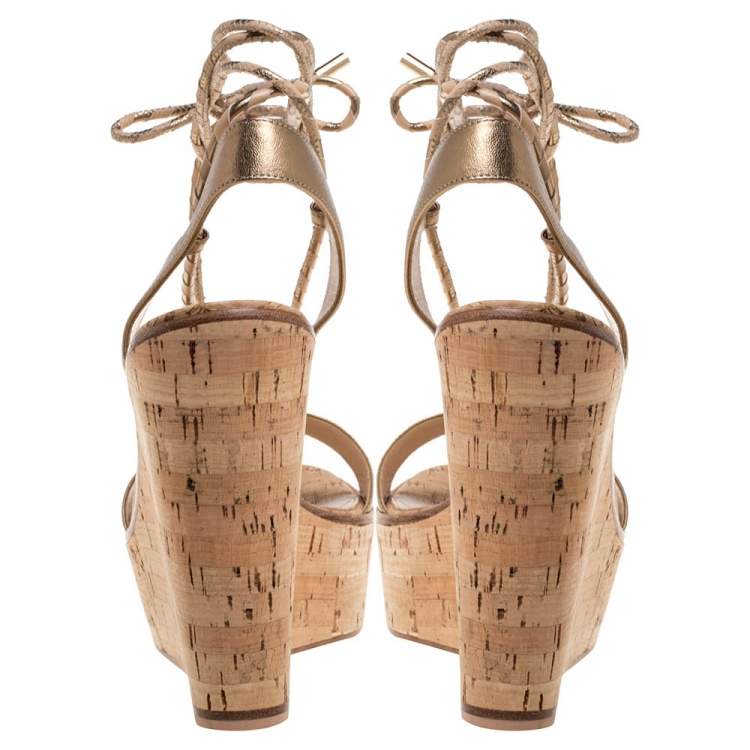 Pre Owned Gianvito Rossi Metallic Gold Leather Wedge Platform Ankle Wrap Sandals Size 40