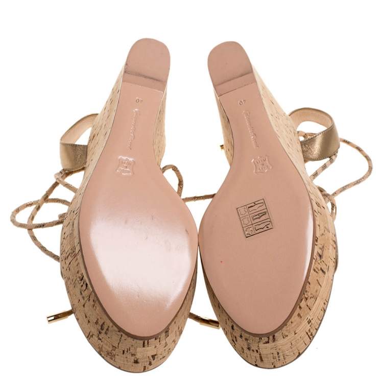 Pre Owned Gianvito Rossi Metallic Gold Leather Wedge Platform Ankle Wrap Sandals Size 40