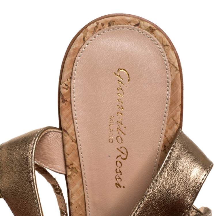 Pre Owned Gianvito Rossi Metallic Gold Leather Wedge Platform Ankle Wrap Sandals Size 40