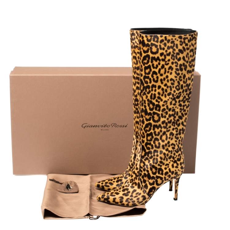Pre Owned Gianvito Rossi Beige Leopard Print Calfhair Hunter Boots Size 36.5