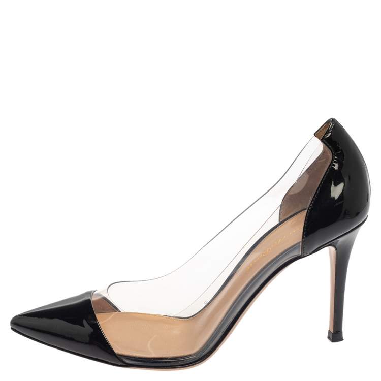 Pre Owned Gianvito Rossi Black Patent Leather and PVC Plexi Pointed Toe Pumps Size 37