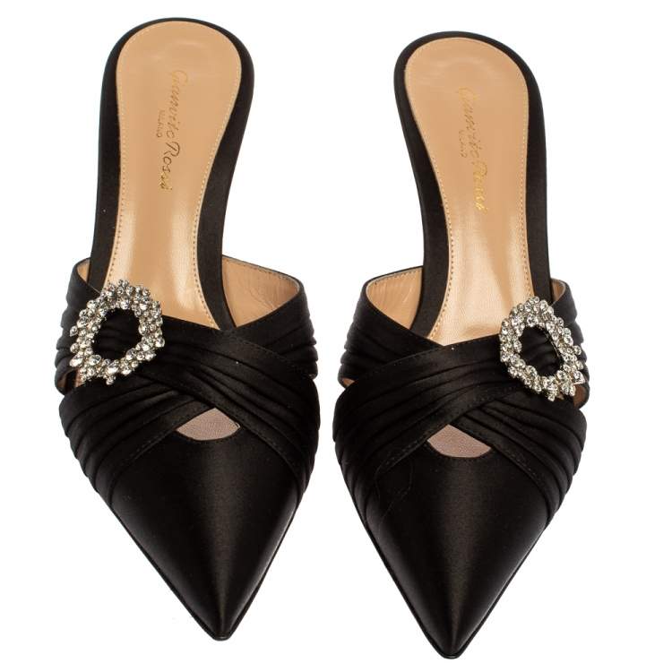 Pre Owned Gianvito Rossi Black Pleated Satin Crystal Embellished Pointed Toe Mules Size 39.5