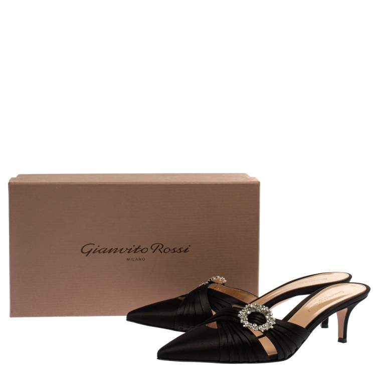 Pre Owned Gianvito Rossi Black Pleated Satin Crystal Embellished Pointed Toe Mules Size 39.5