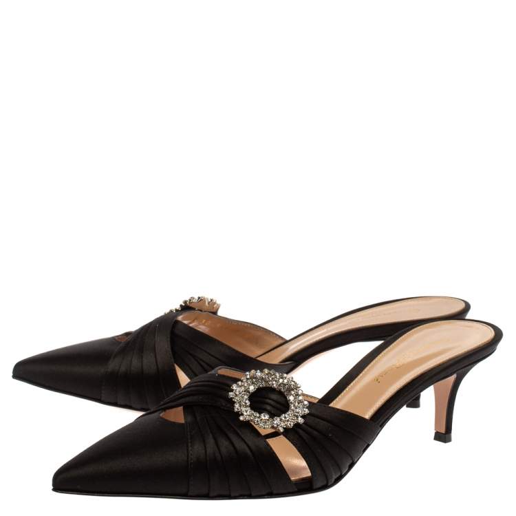 Pre Owned Gianvito Rossi Black Pleated Satin Crystal Embellished Pointed Toe Mules Size 39.5
