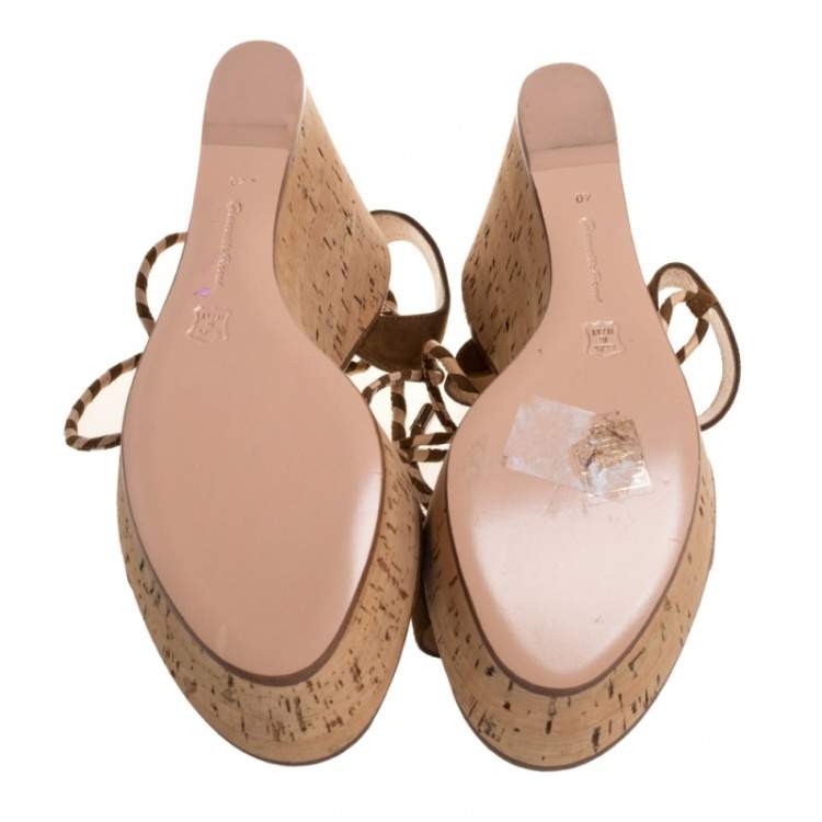 Pre Owned Gianvito Rossi Brown Suede Platform Wedges Ankle Wrap Sandals Size 40