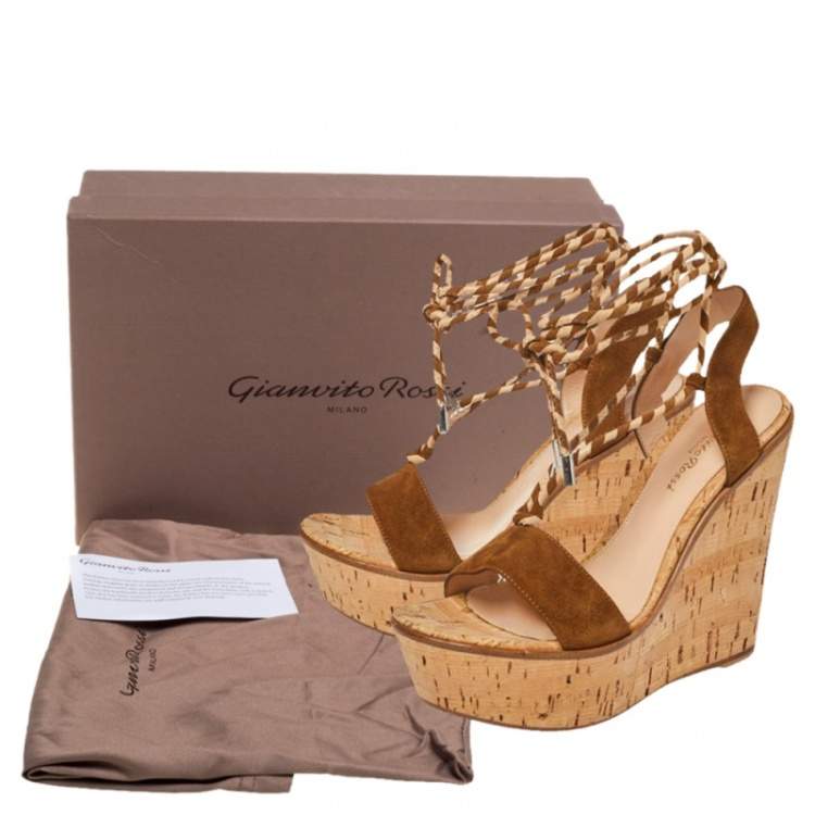 Pre Owned Gianvito Rossi Brown Suede Platform Wedges Ankle Wrap Sandals Size 40