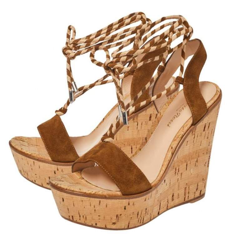 Pre Owned Gianvito Rossi Brown Suede Platform Wedges Ankle Wrap Sandals Size 40