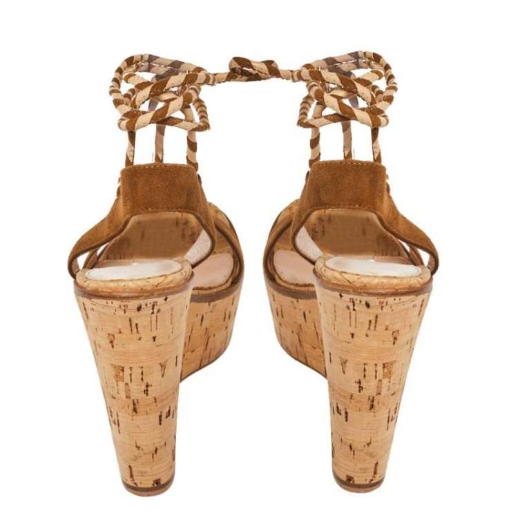 Pre Owned Gianvito Rossi Brown Suede Platform Wedges Ankle Wrap Sandals Size 40