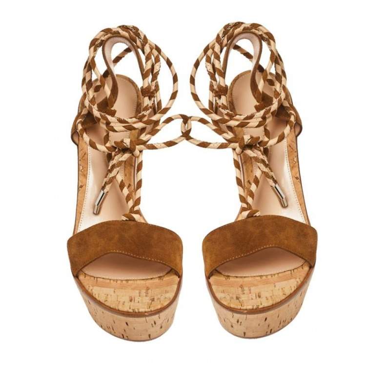 Pre Owned Gianvito Rossi Brown Suede Platform Wedges Ankle Wrap Sandals Size 40