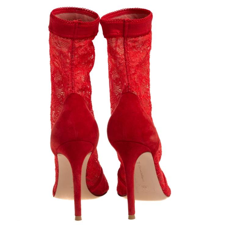Pre Owned Gianvito Rossi Red Suede And Lace Pointed Toe Ankle Booties Size 36