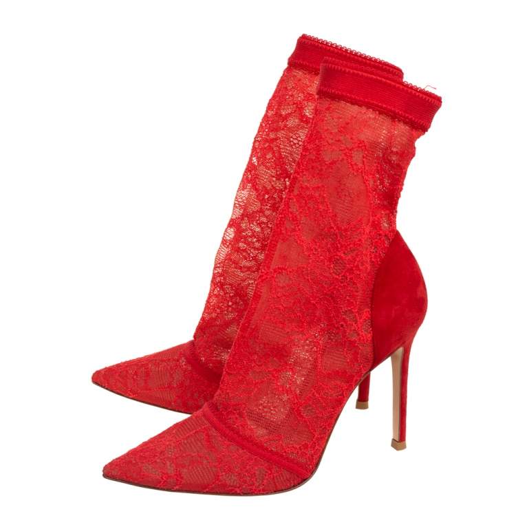 Pre Owned Gianvito Rossi Red Suede And Lace Pointed Toe Ankle Booties Size 36