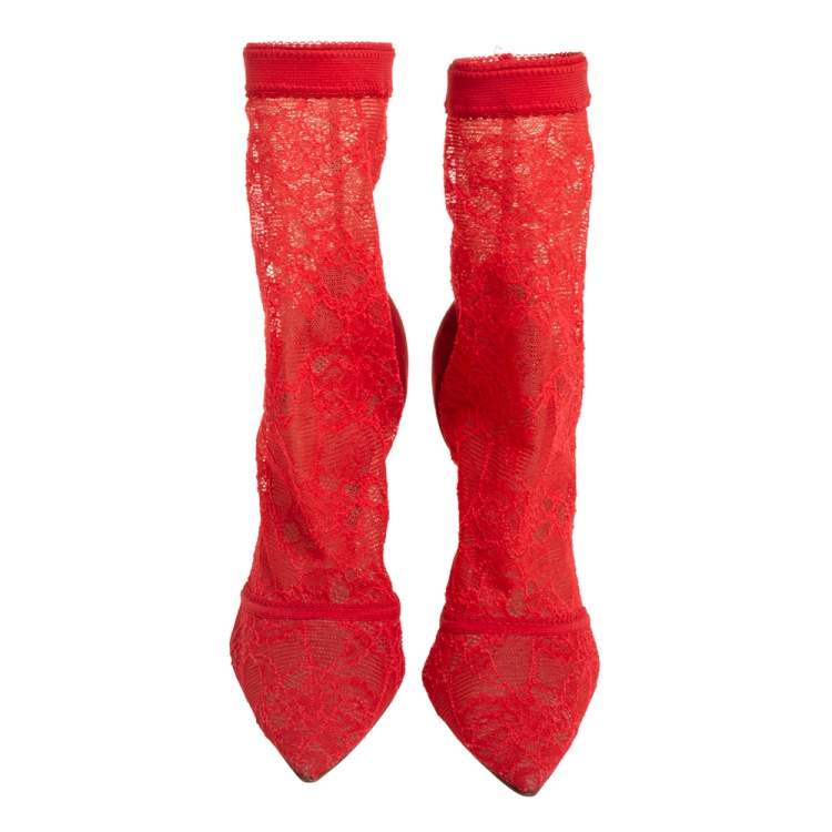 Pre Owned Gianvito Rossi Red Suede And Lace Pointed Toe Ankle Booties Size 36