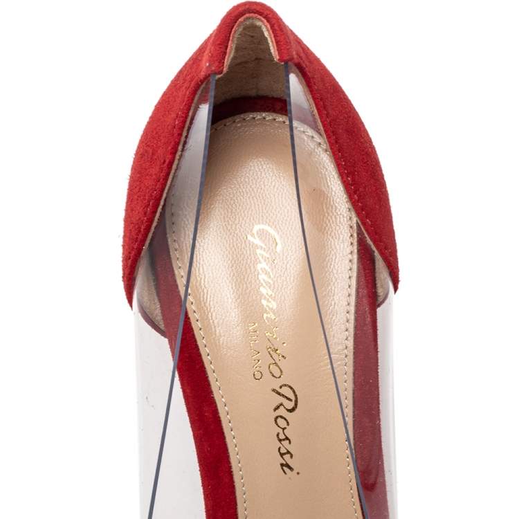 Pre Owned Gianvito Rossi Red Suede And PVC Plexi Pointed Toe Pumps Size 35