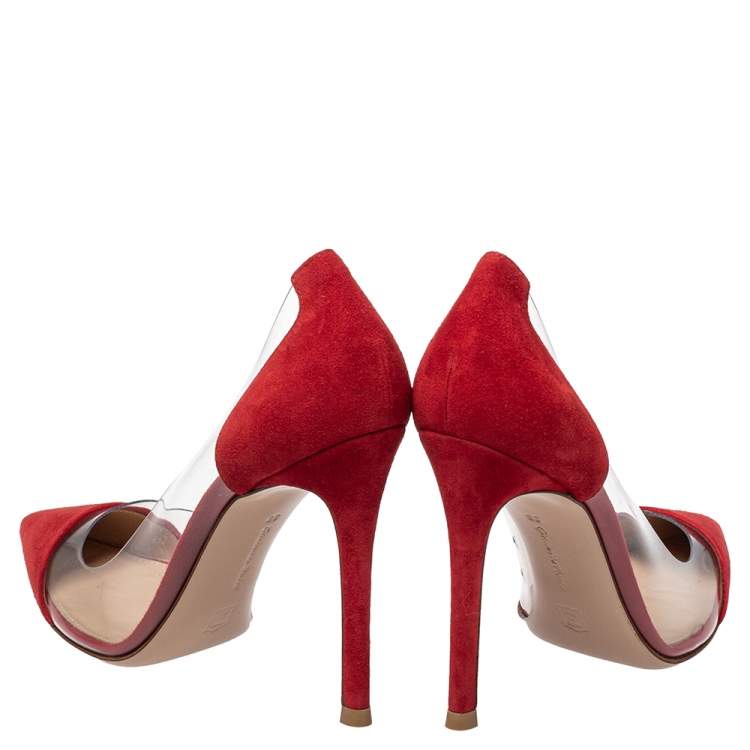 Pre Owned Gianvito Rossi Red Suede And PVC Plexi Pointed Toe Pumps Size 35