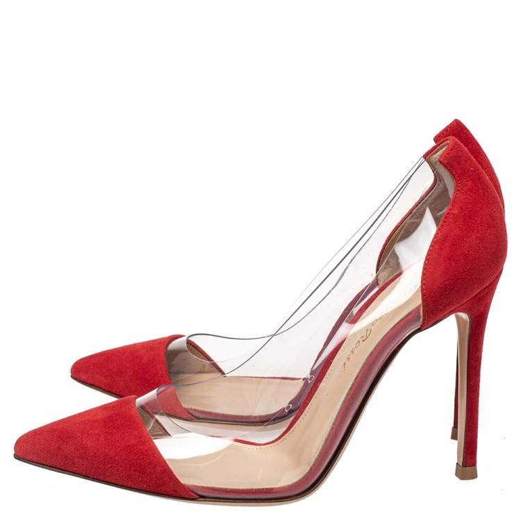 Pre Owned Gianvito Rossi Red Suede And PVC Plexi Pointed Toe Pumps Size 35