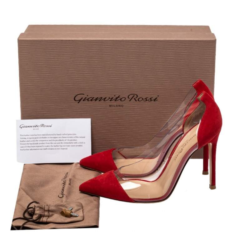 Pre Owned Gianvito Rossi Red Suede And PVC Plexi Pointed Toe Pumps Size 35
