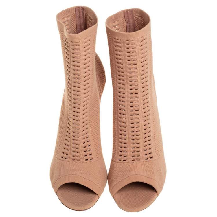 Pre Owned Gianvito Rossi Beige Knit Fabric Open Toe Ankle Boots Size 40