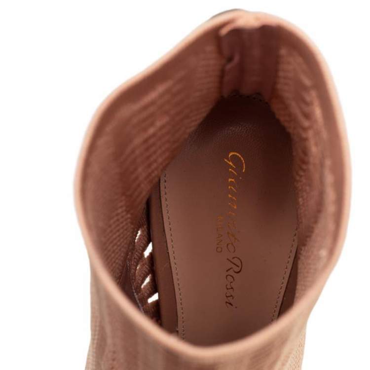Pre Owned Gianvito Rossi Beige Knit Fabric Open Toe Ankle Boots Size 40