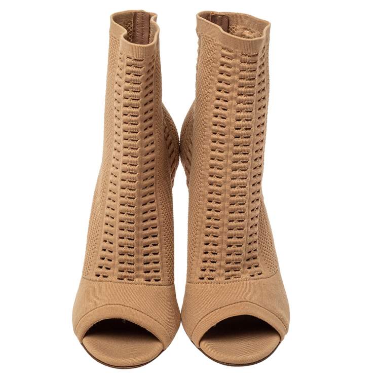 Pre Owned Gianvito Rossi Beige Knit Fabric Open Toe Ankle Boots Size 37