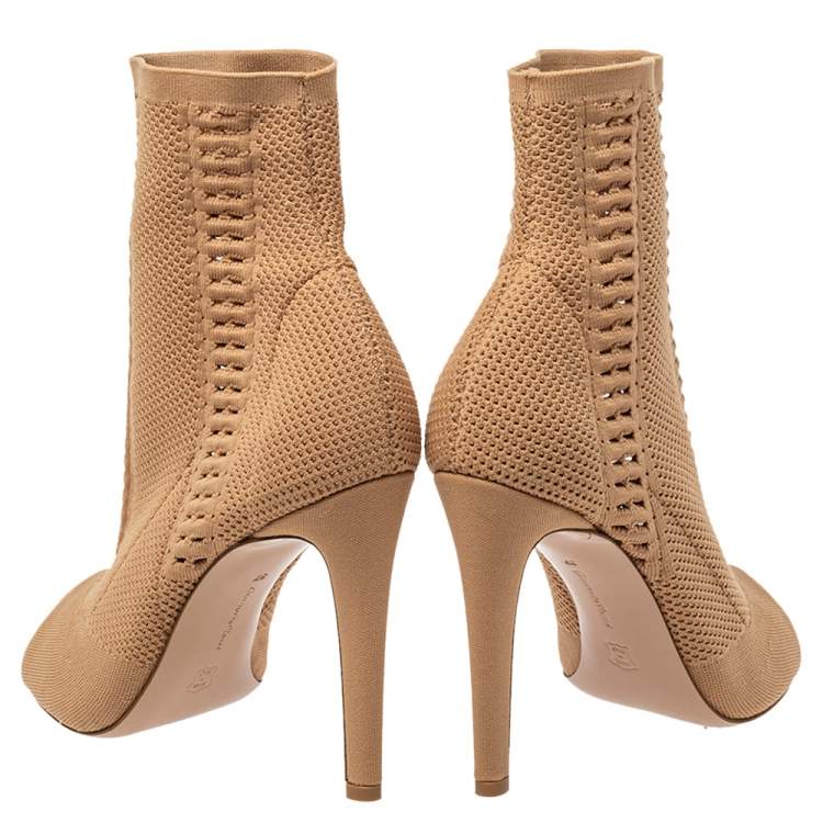 Pre Owned Gianvito Rossi Beige Knit Fabric Open Toe Ankle Boots Size 37