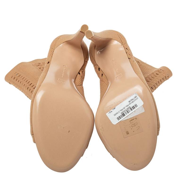 Pre Owned Gianvito Rossi Beige Knit Fabric Open Toe Ankle Boots Size 37