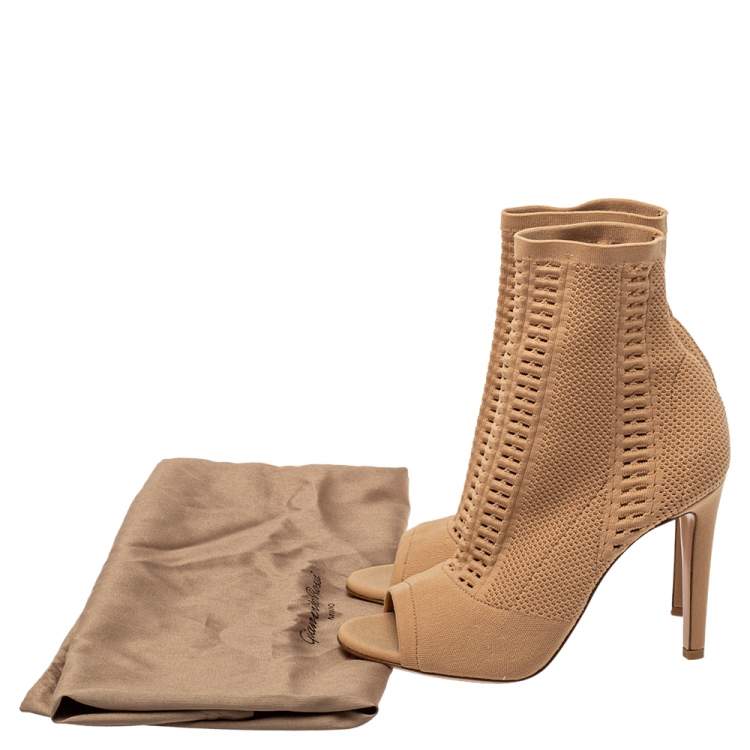 Pre Owned Gianvito Rossi Beige Knit Fabric Open Toe Ankle Boots Size 37