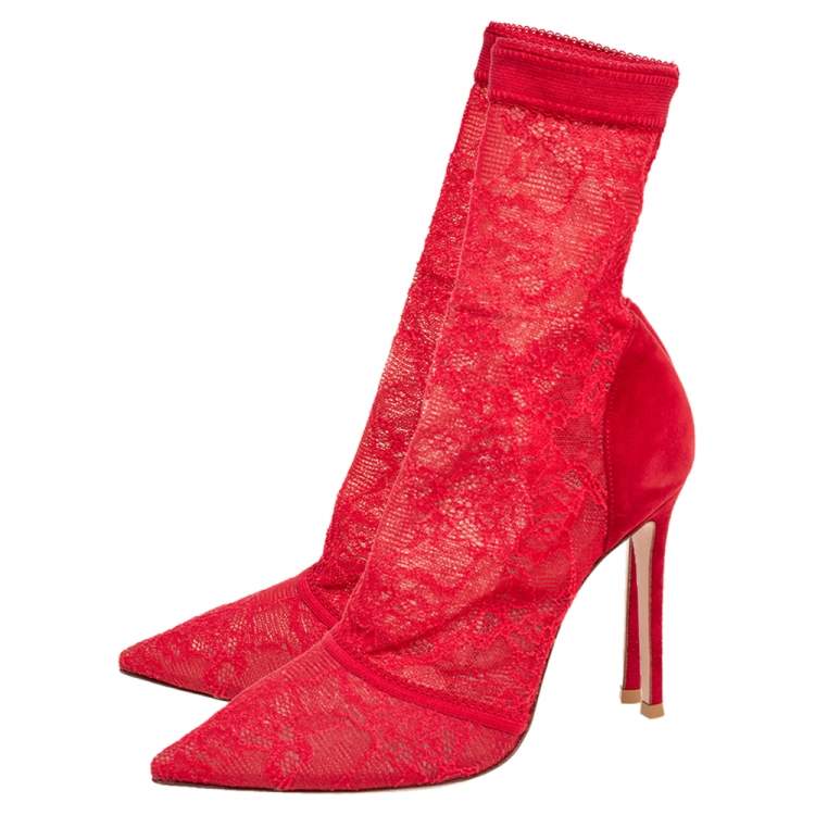 Pre Owned Gianvito Rossi Red Lace And Suede Pointed Toe Booties Size 38