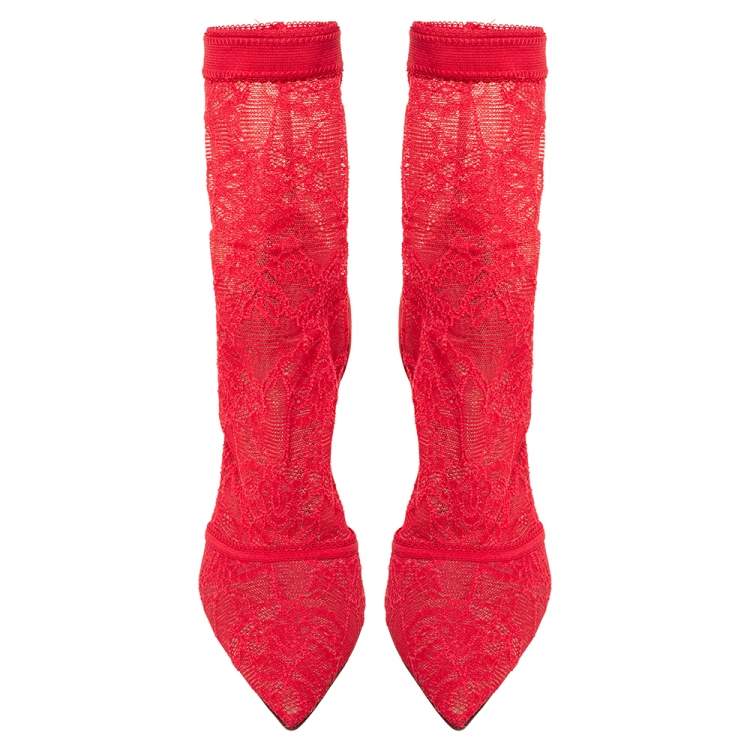 Pre Owned Gianvito Rossi Red Lace And Suede Pointed Toe Booties Size 38