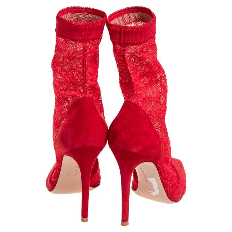 Pre Owned Gianvito Rossi Red Lace And Suede Pointed Toe Booties Size 38