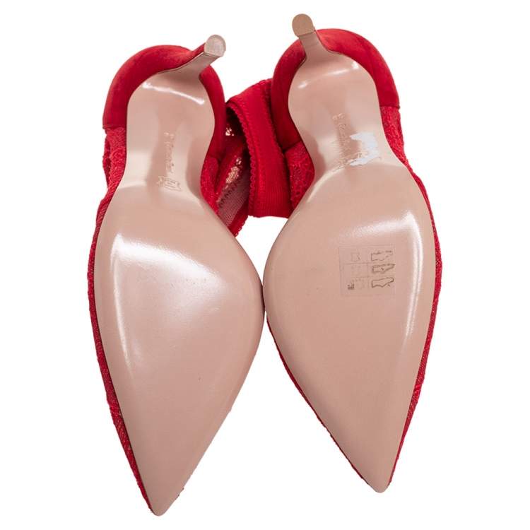 Pre Owned Gianvito Rossi Red Lace And Suede Pointed Toe Booties Size 38