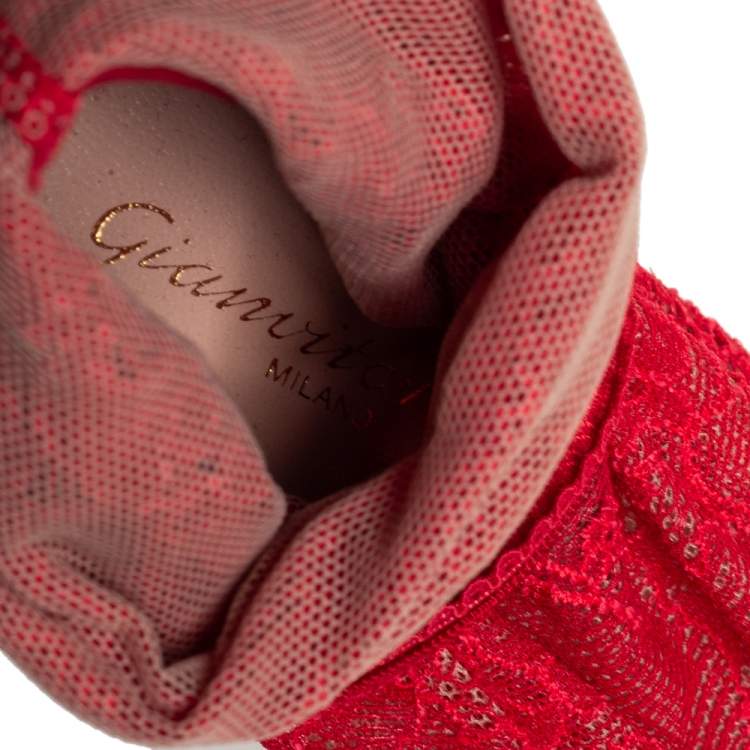 Pre Owned Gianvito Rossi Red Lace And Suede Pointed Toe Booties Size 38