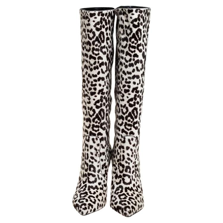 Pre Owned Gianvito Rossi White/Brown Calf Hair Knee Length Boots Size 36