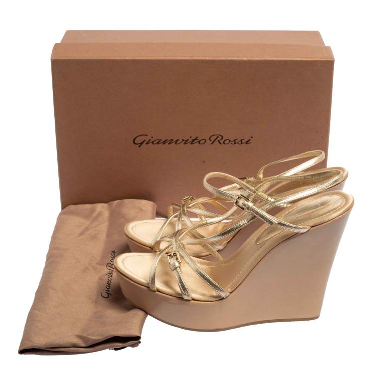 Pre Owned Gianvito Rossi Gold Leather Strappy Sandals Size 38.5