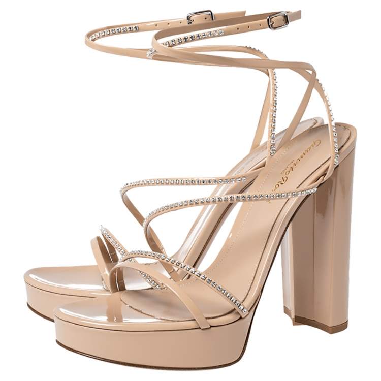 Pre Owned Gianvito Rossi Beige Patent Leather Crystal Embellished Ankle Strap Platform Sandals Size 38