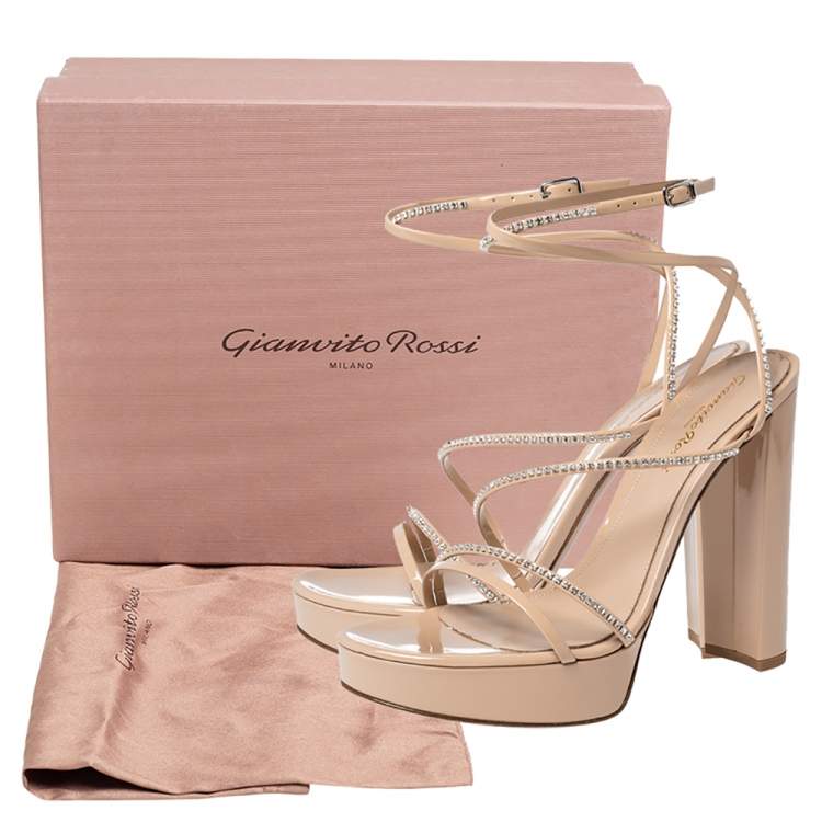 Pre Owned Gianvito Rossi Beige Patent Leather Crystal Embellished Ankle Strap Platform Sandals Size 38