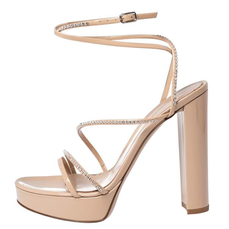 Pre Owned Gianvito Rossi Beige Patent Leather Crystal Embellished Ankle Strap Platform Sandals Size 38