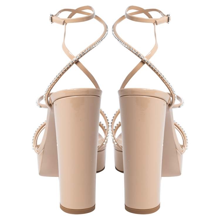 Pre Owned Gianvito Rossi Beige Patent Leather Crystal Embellished Ankle Strap Platform Sandals Size 38