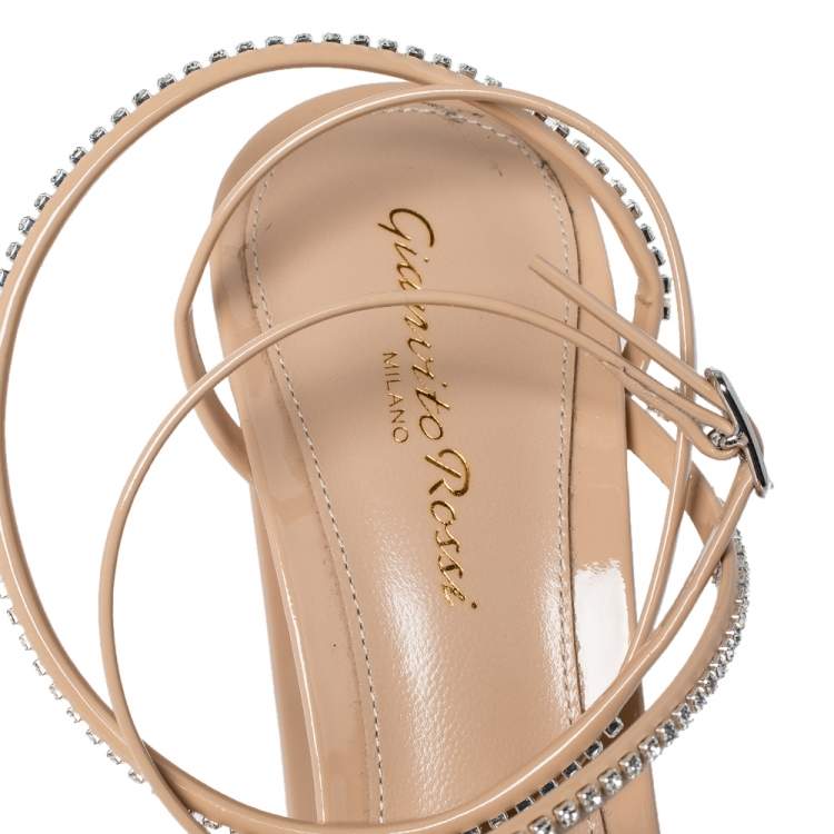 Pre Owned Gianvito Rossi Beige Patent Leather Crystal Embellished Ankle Strap Platform Sandals Size 38